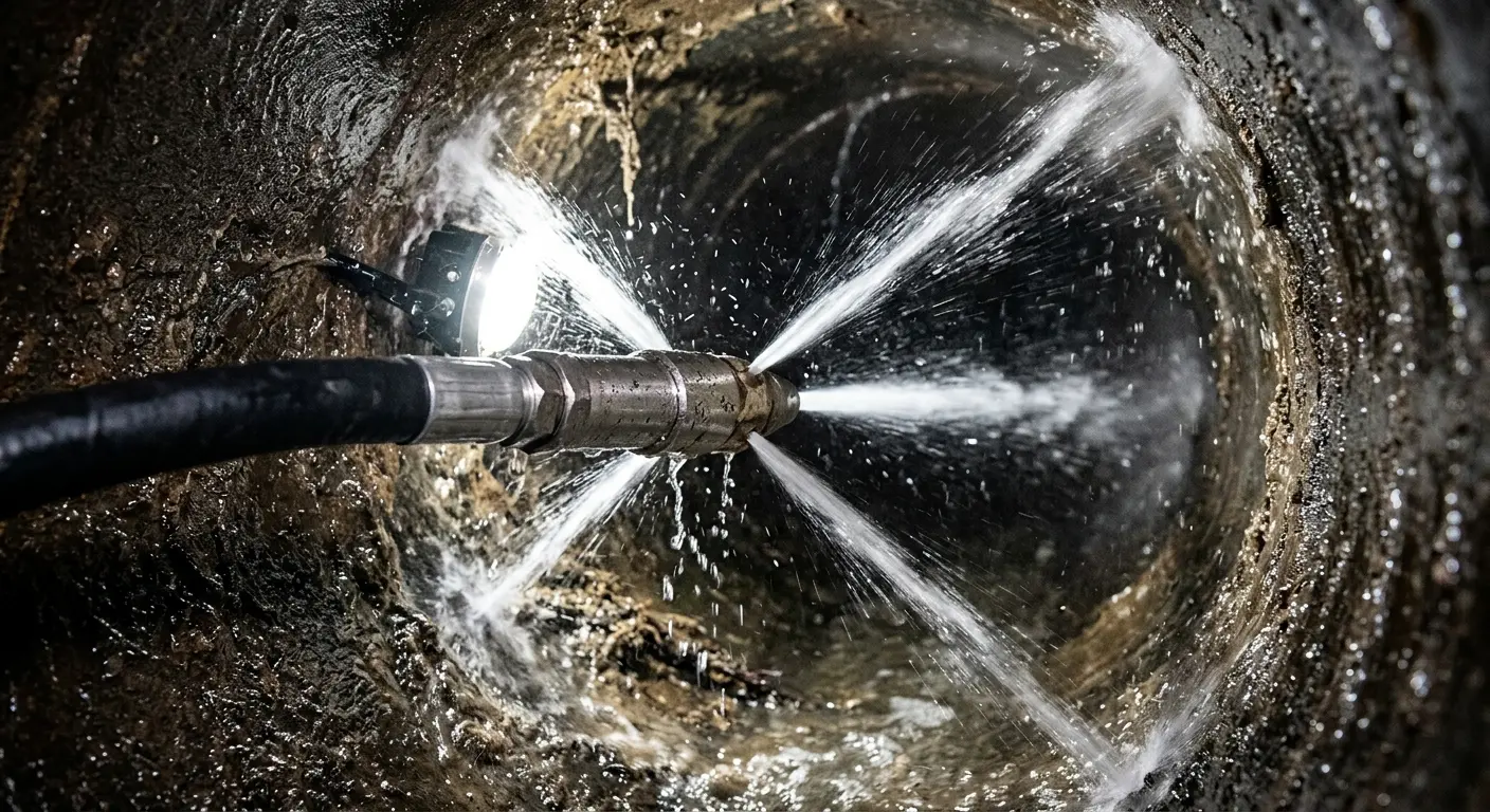 High-pressure hydro jetting nozzle cleaning sewer pipe for Sewer Cleanout in Black Mountain