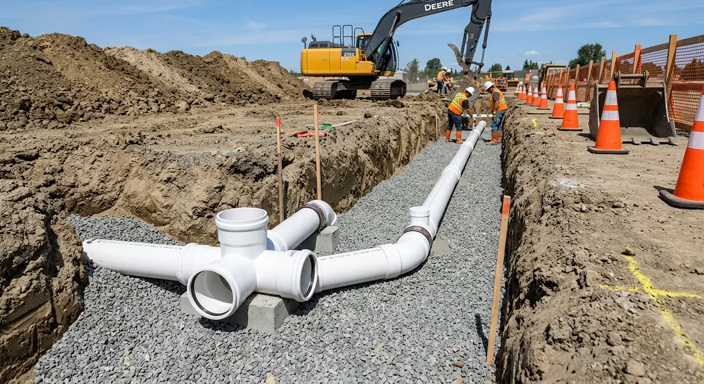 New PVC sewer pipe installation in open trench for Sewer Backup in Black Mountain